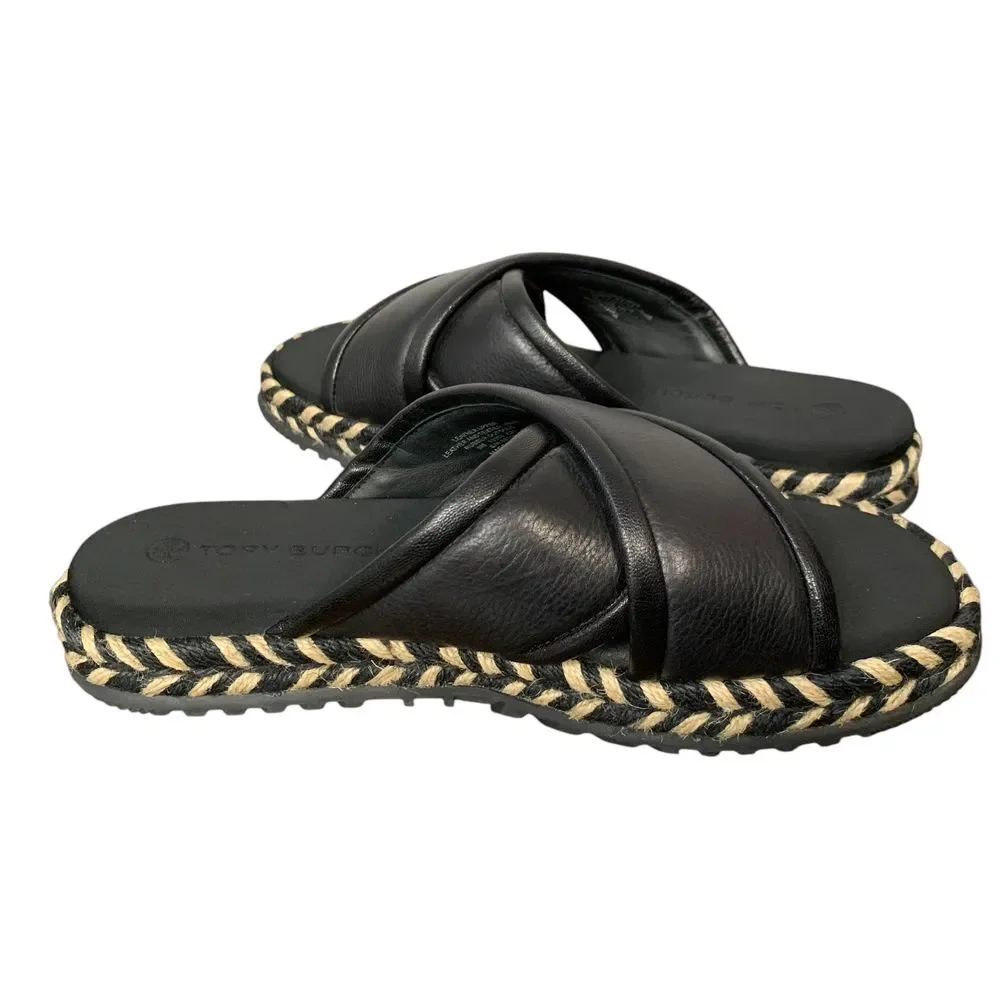 Tory Burch NWOT Cross Strap Puffy Slides Espadrille Platform Sandal Black Size 9